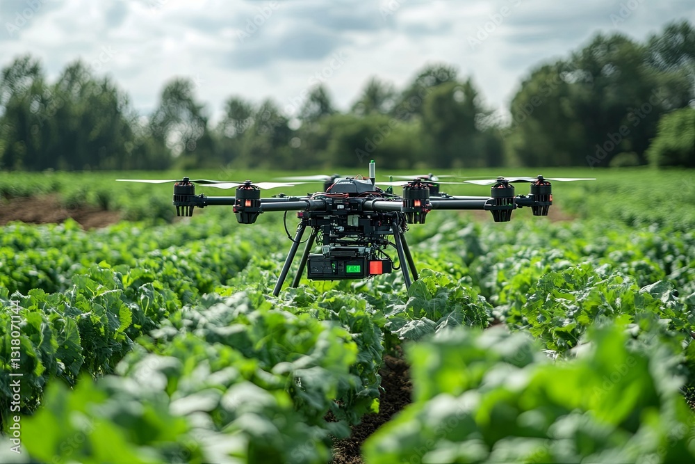 A drone is flying over a field of green crop plants A drone is flying over a field of green crop plants