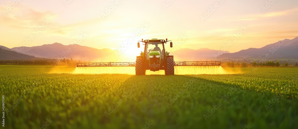 Fototapeta premium Modern Farming: Tractor Spraying Crops at Sunrise