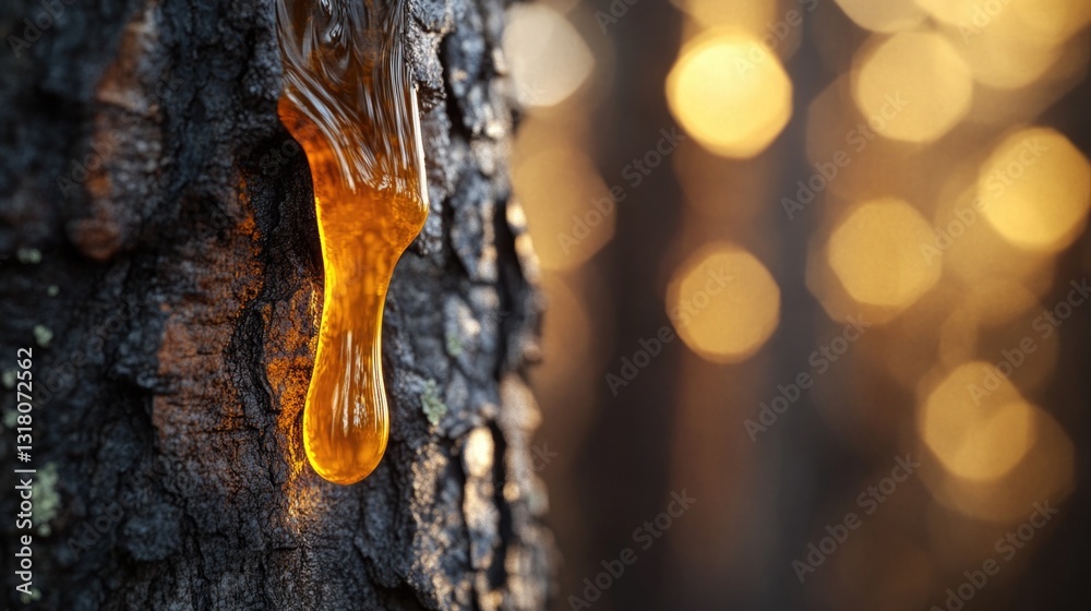 Naklejka premium Amber Resin Dripping Down The Rough Surface Of A Tree Trunk