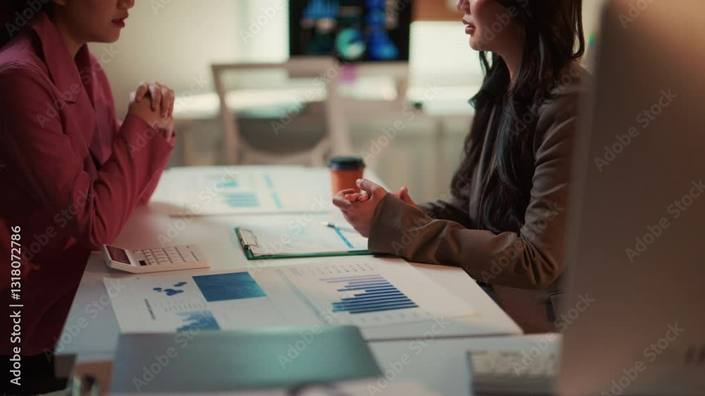 Professional businesswomen reviewing marketing data, working together on strategy with charts and laptops in conference room Professional businesswomen reviewing marketing data, working together on strategy with charts and laptops in conference room