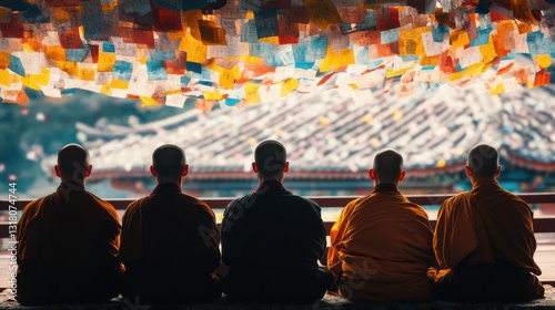 Buddhist monks chanting in unison during a ceremony, with colorful prayer flags overhead.