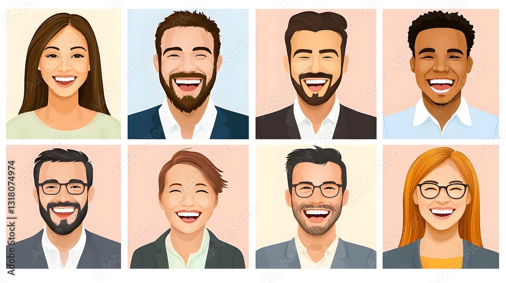 Diverse Group of Happy Professionals Displaying Smiles in Colorful Portraits Diverse Group of Happy Professionals Displaying Smiles in Colorful Portraits