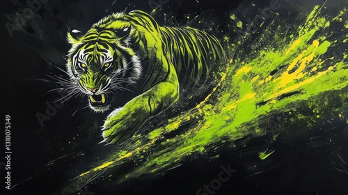 Green tiger leaping, dark background, splash art, gaming