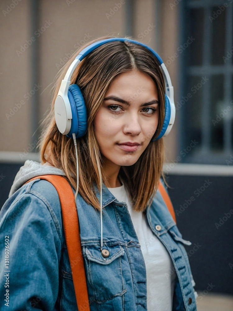 Attractive female student wearing headphones, showing the middle finger.