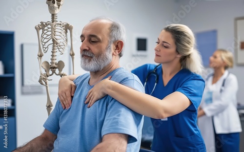 Physical therapy session for elderly patient health clinic medical treatment indoor space close-up wellness concept photo