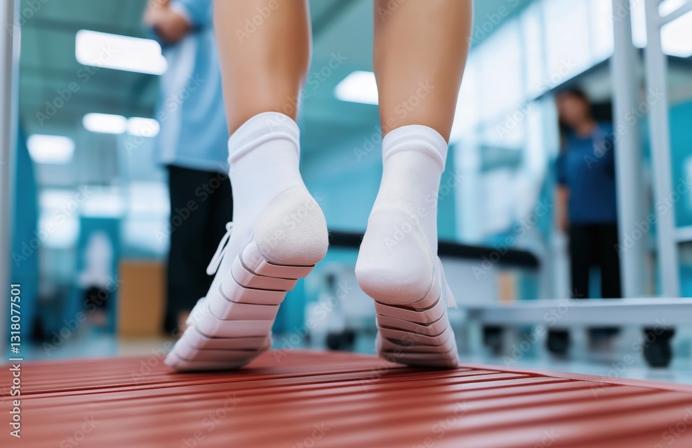Fitness assessment action rehabilitation center health content indoor environment close-up view footwear analysis Fitness assessment action rehabilitation center health content indoor environment close-up view footwear analysis