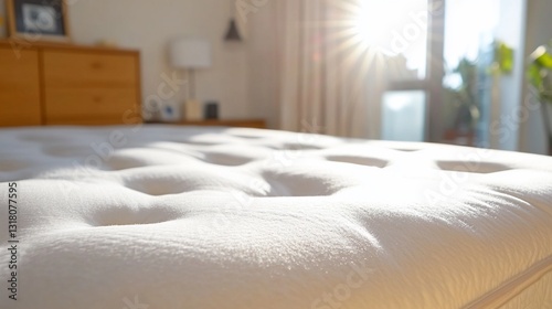 Mattress close-up shot at home showing a bedroom in the sun used for lifestyle
