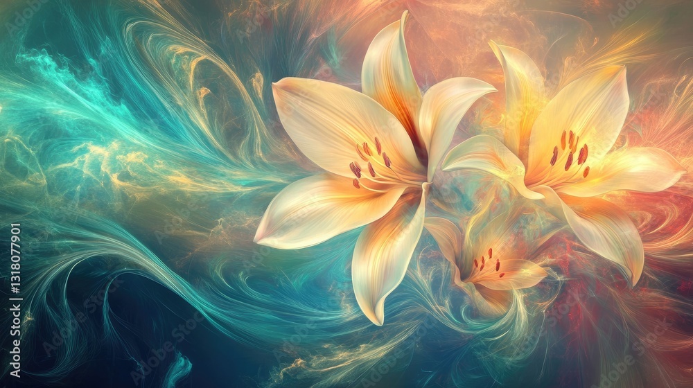 Fototapeta premium Elegant Floral Composition with Colorful Swirls and Dreamy Tones of Light Surrounding Lilies
