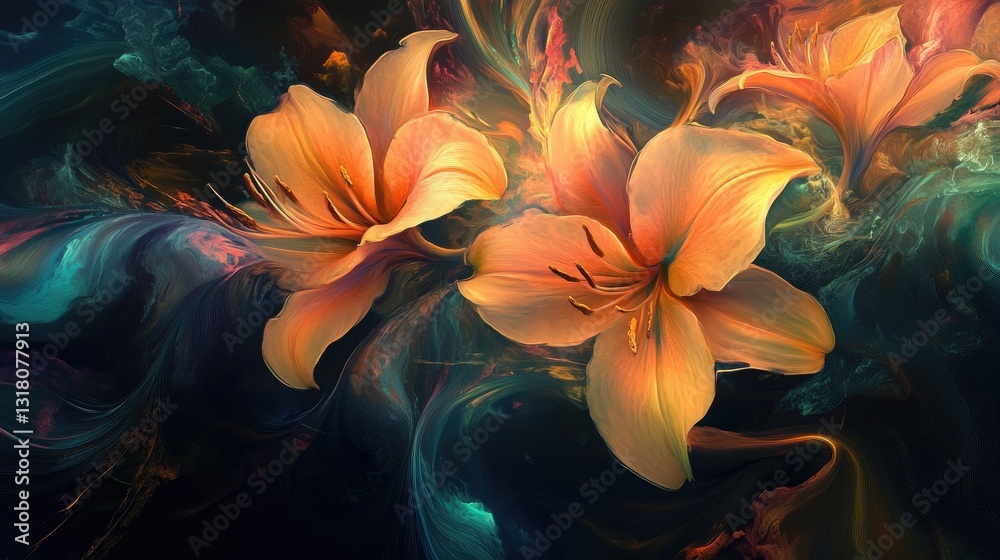 Obraz premium Vibrant and Abstract Floral Composition with Colorful Lilies and Swirling Background
