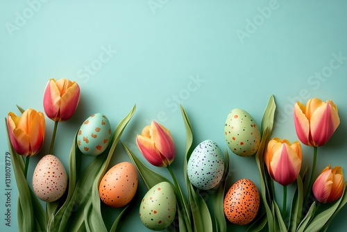 Easter eggs and tulips on pastel green background for award-winning stock photography concept photo