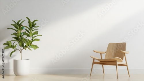 A minimalist Scandinavian-style living room with a sleek wooden chair