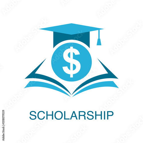 Educational scholarship logo concept vector illustration on white background. Books, dollar coin and graduation hat in flat design.