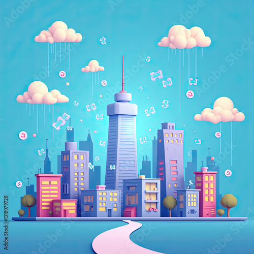 Cute Cartoon Cityscape, 3D Render - 3D illustrations