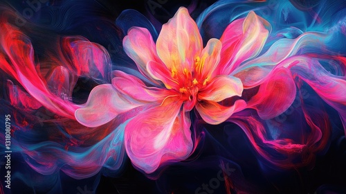 Colorful Abstract Flower Art with Swirling Vibrant Background and Ethereal Lighting Effects