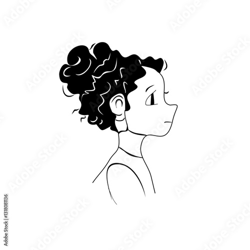 A contemplative girl with curly hair, highlighting simplicity and elegance in line art.