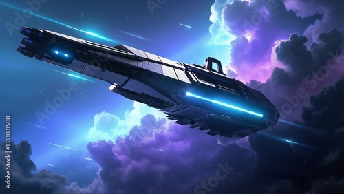 Wallpaper Mural A large, futuristic spacecraft is shown soaring against a backdrop of swirling purple and blue clouds.  Torontodigital.ca