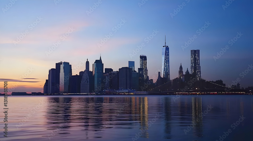 Obraz premium Panoramic View of Illuminated City Skyline at Twilight Reflected in Calm Water with Colorful Sky