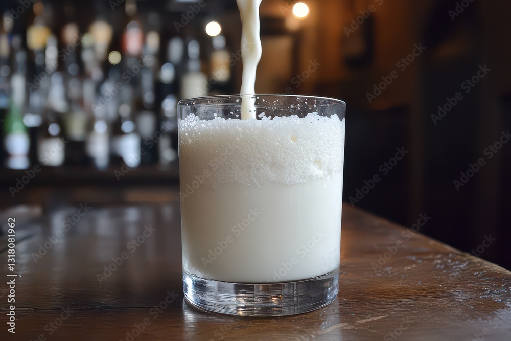 Creamy beverage being poured into a glass on a rustic bar counter with blurred bottles in background Creamy beverage being poured into a glass on a rustic bar counter with blurred bottles in background