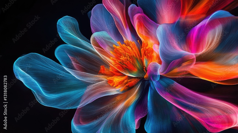 Obraz premium Vibrant Abstract Flower Design in Colorful Swirls and Fluid Motion Captured Against Dark Background
