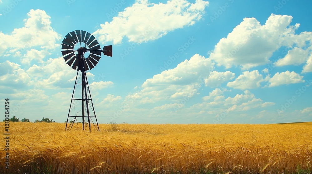 Windmill in Golden Wheat Field under a Sunny Sky Windmill in Golden Wheat Field under a Sunny Sky