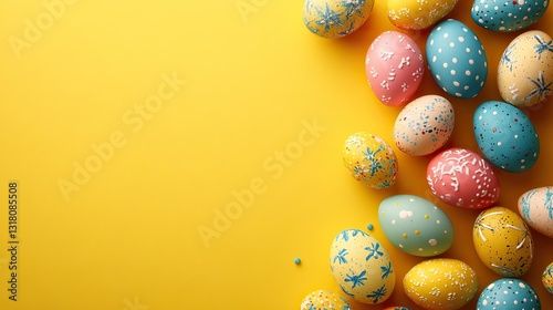 Colorful Easter eggs on yellow background with copy space for holiday banner template design concept