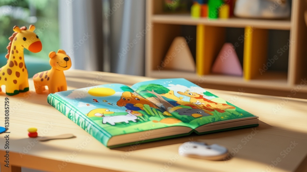Fototapeta premium Children play with colorful toys near an old book, hands drawing with fun
