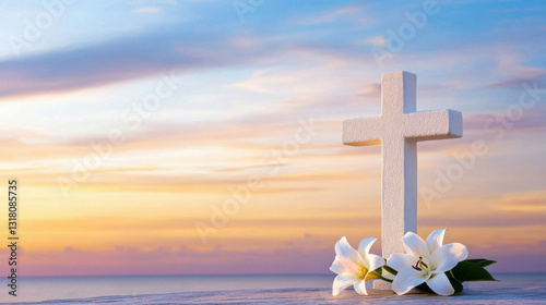Hopeful Cross: A white cross stands against a vibrant sky, symbolizing faith, hope, and the promise of peace, decorated with white flowers.