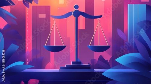 Abstract representation of justice with vibrant scales of justice in a colorful cityscape under a dramatic twilight sky and lush foliage surrounding