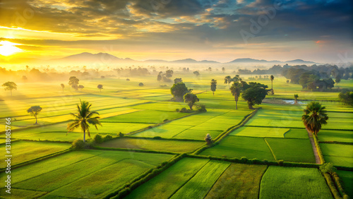 Golden Sunrise Over Battambang Paddy Fields – Stunning Cambodia Landscape