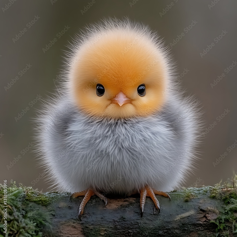 Obraz premium Fluffy chick perched on branch, blurred background, springtime, adorable pet