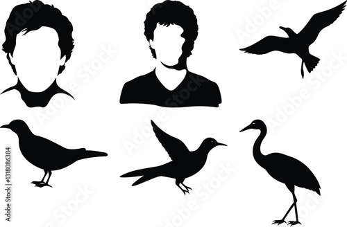 Silhouette Art: People and Birds Vector Illustration - Graphic Design Elements, Ornithology, Wildlife, Nature, Portrait, Birdwatching