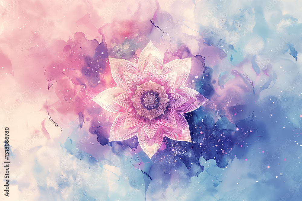 Fototapeta premium Soft pastel mandala with watercolor splashes, creating a dreamy, meditative, and spiritual background.