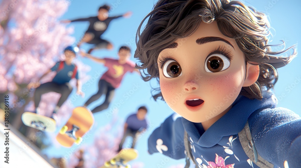 Cute Cartoon Girl Watching Skateboarders 3D Animation Summer Fun Cute Cartoon Girl Watching Skateboarders 3D Animation Summer Fun