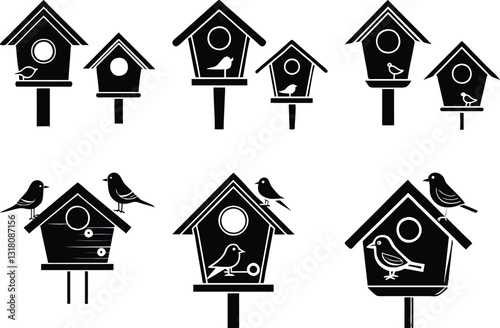 Black and White Birdhouse Vector Graphics: Cute Bird Houses Clipart Set for DIY Crafts, Nature-Themed Designs, and Printable Illustrations
