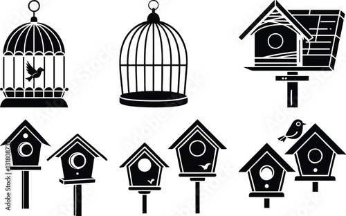 Black and White Vector Illustration: Birdcages and Birdhouses Clipart, Line Art Graphics for Design Projects, Ornithology Theme
