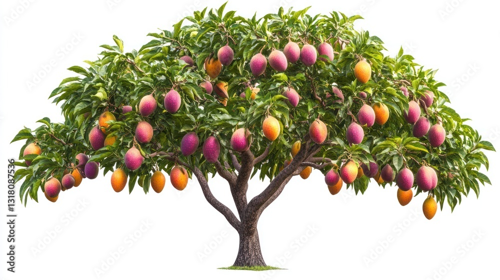 Lush mango tree laden with ripe fruit against white background; ideal for food, agriculture, or tropical themes Lush mango tree laden with ripe fruit against white background; ideal for food, agriculture, or tropical themes