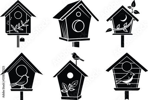 Black and White Birdhouse Vector Set: Cute Bird Houses, Simple Designs, Bird Illustrations, Nature Graphics, Home Decor Clipart, Birdwatching Art