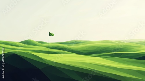 Serene Minimalist Abstract Landscape with Rolling Green Hills and Golf Flag in the Distance, Ideal for Nature and Sport Themes