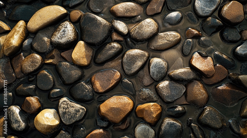 Smooth wet river rocks reflecting light in a shallow water Smooth wet river rocks reflecting light in a shallow water