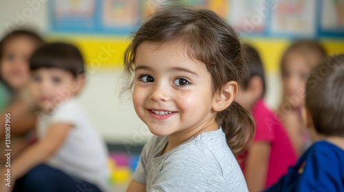 Smiling little girl in preschool with classmates, ideal for learning concepts