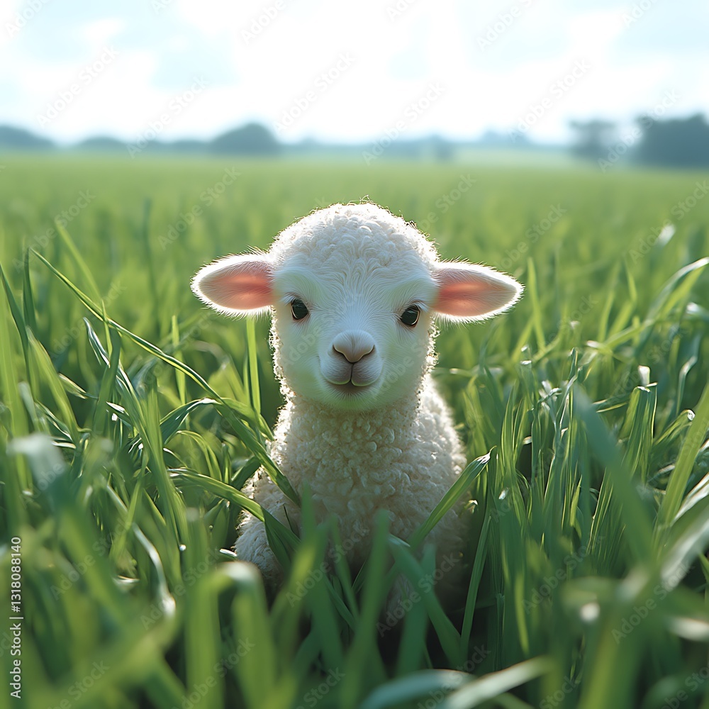 Obraz premium Lamb sitting in green pasture, sunny day, spring