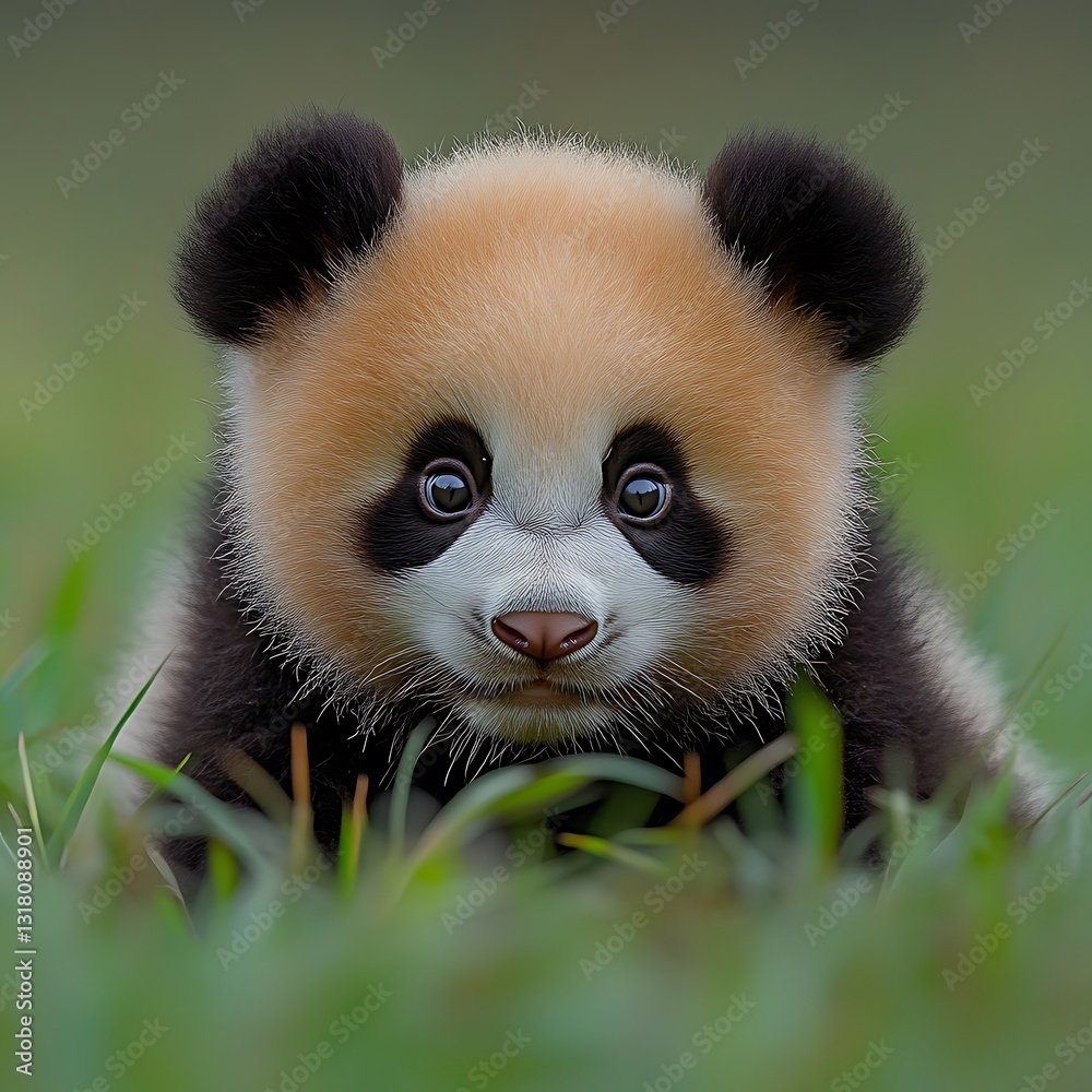Naklejka premium Adorable Panda Cub in Grassy Habitat, China