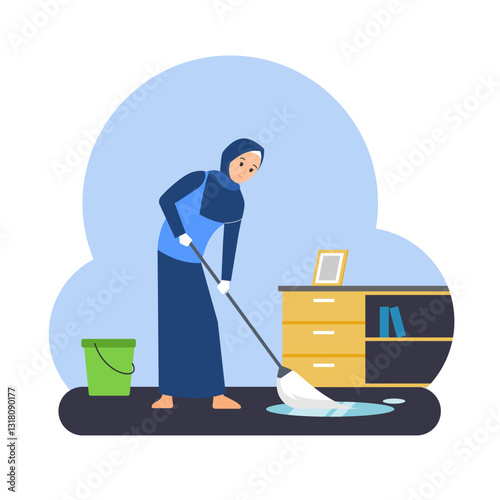 Muslim women are cleaning the room with a mop. Housewives wearing hijab cleaning the house