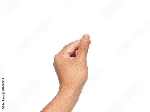 Male hand making a gesture of holding a card or business card. Some types of documents ID card Or a passport, coin, or something. Isolated on a white background.