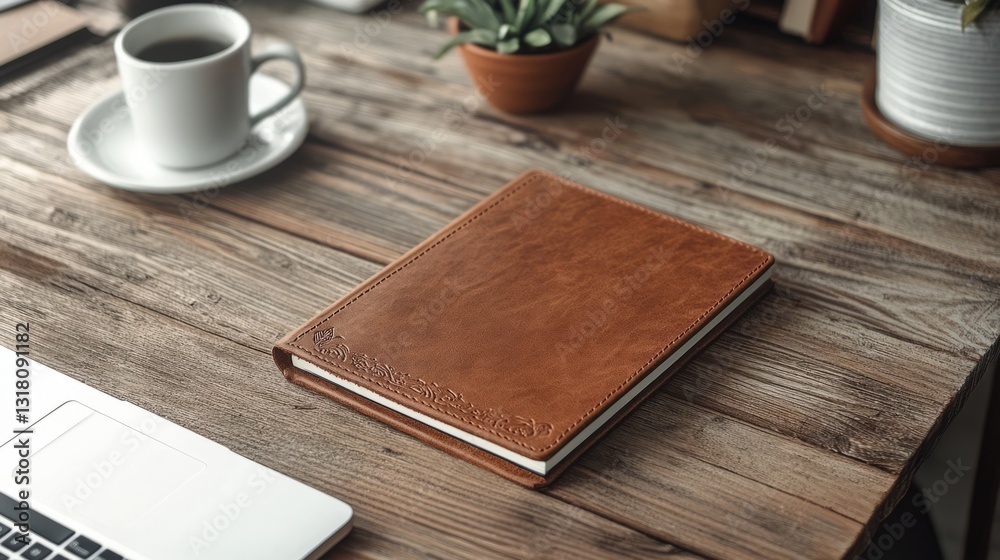 Fototapeta premium Generic Mockup Leather Overview Journal Desk Emboss