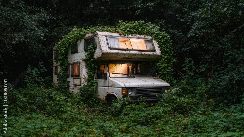 Abandoned Campervan Overgrown by Ivy in Lush Forest Abandoned Campervan Overgrown by Ivy in Lush Forest