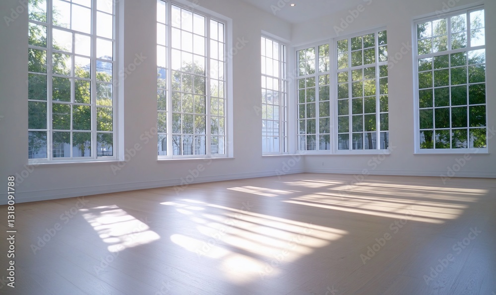Fototapeta premium Empty modern room filled with bright natural sunlight, for interior design