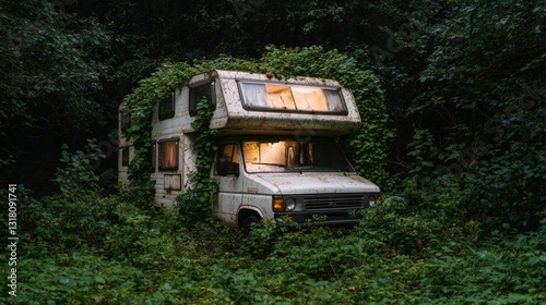 Abandoned Campervan Overgrown by Ivy in Lush Forest