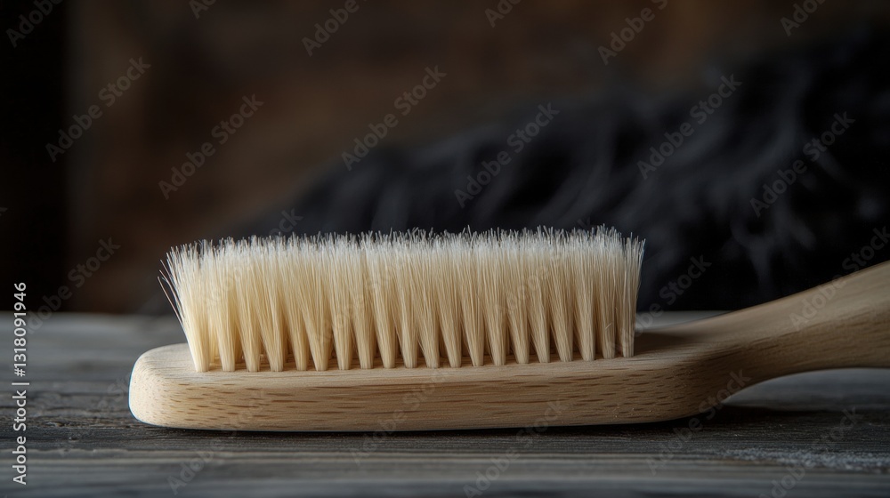 Natural Wooden Brush with Soft Bristles on Rustic Wooden Surface Against Dark Background Ideal for Beauty and Cleaning Concepts Natural Wooden Brush with Soft Bristles on Rustic Wooden Surface Against Dark Background Ideal for Beauty and Cleaning Concepts