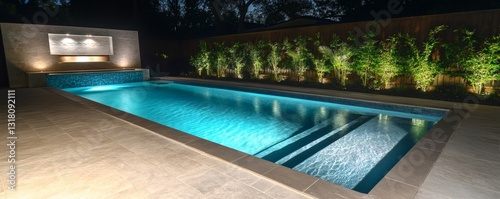 A stunning rectangular swimming pool with beautiful night lighting